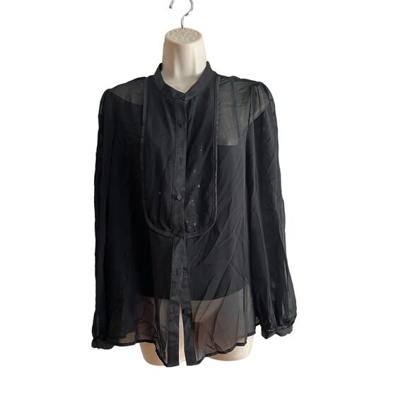 Talbots sheer black blouse w camisole 10 sequin trim long sleeve 100% polyester - Picture 1 of 6